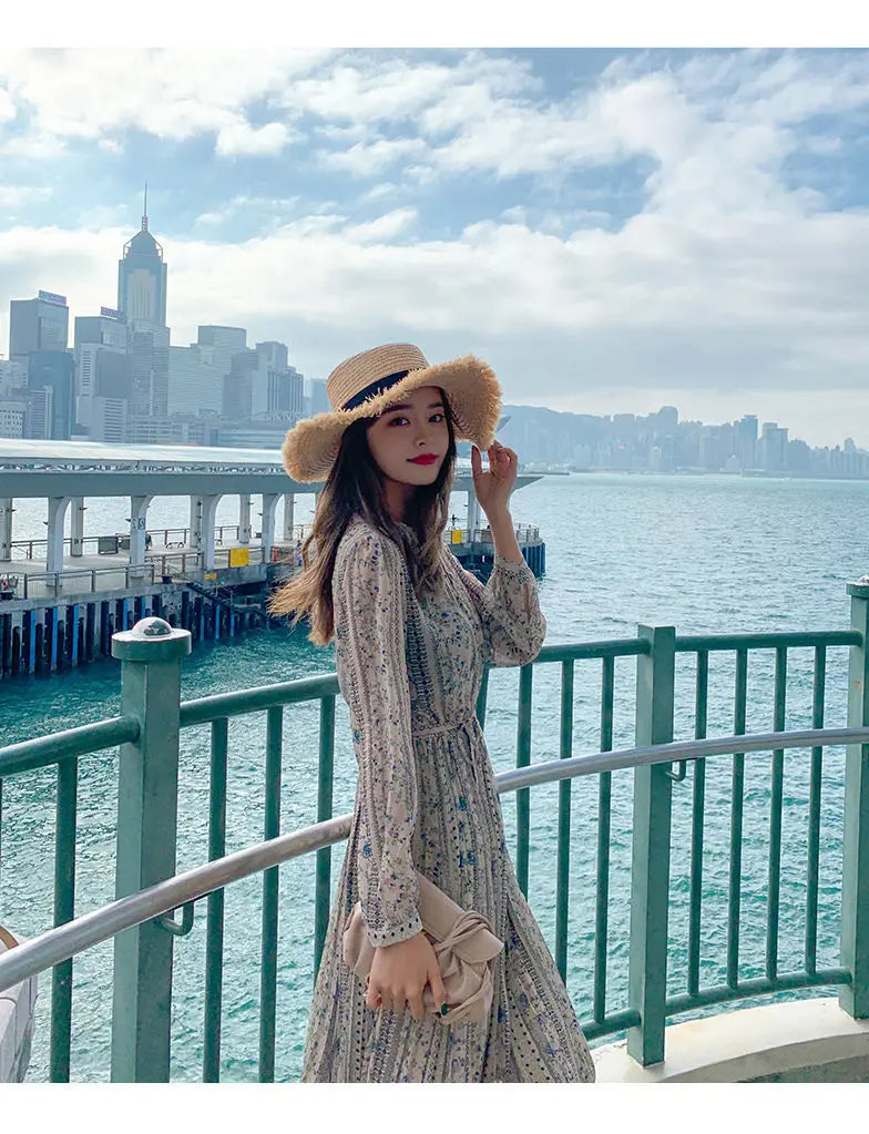 Retro Dress Spring Summer Long Sleeve Floral Chiffon High Waist Court Over Knee Popular Inside Women's Dress 2022Vestidos Office