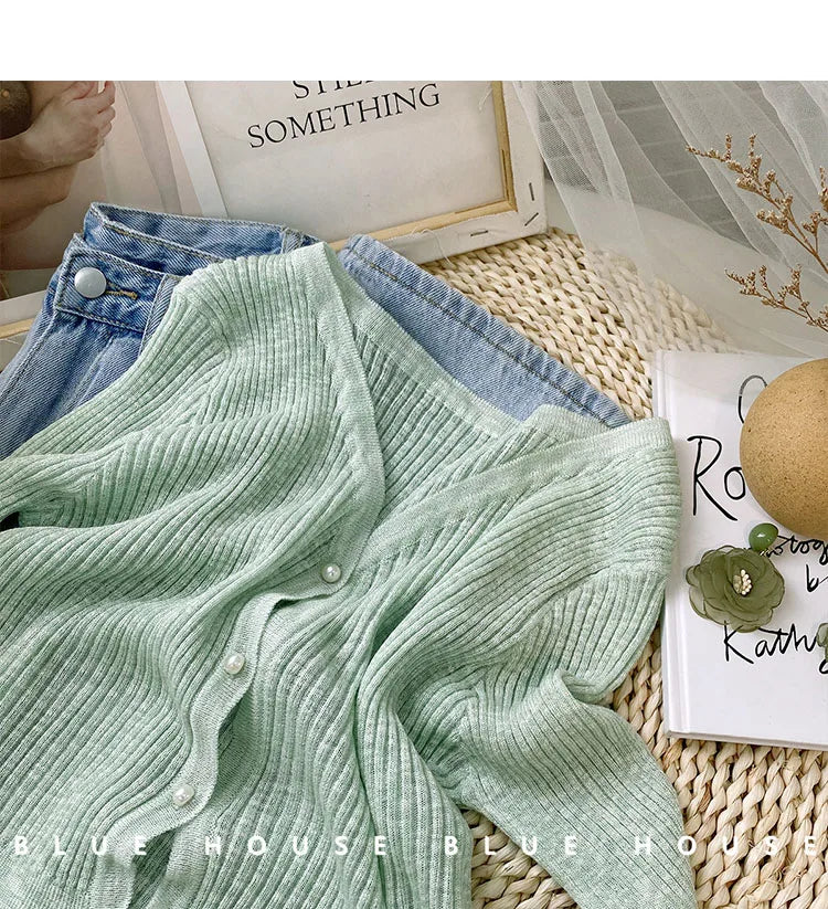 2026 Spring Summer Gentle Ruffle Trim Long Sleeve Ice Silk Sunscreen Knitted Cardigan Women Short Pearl Button Thin Casual Coat