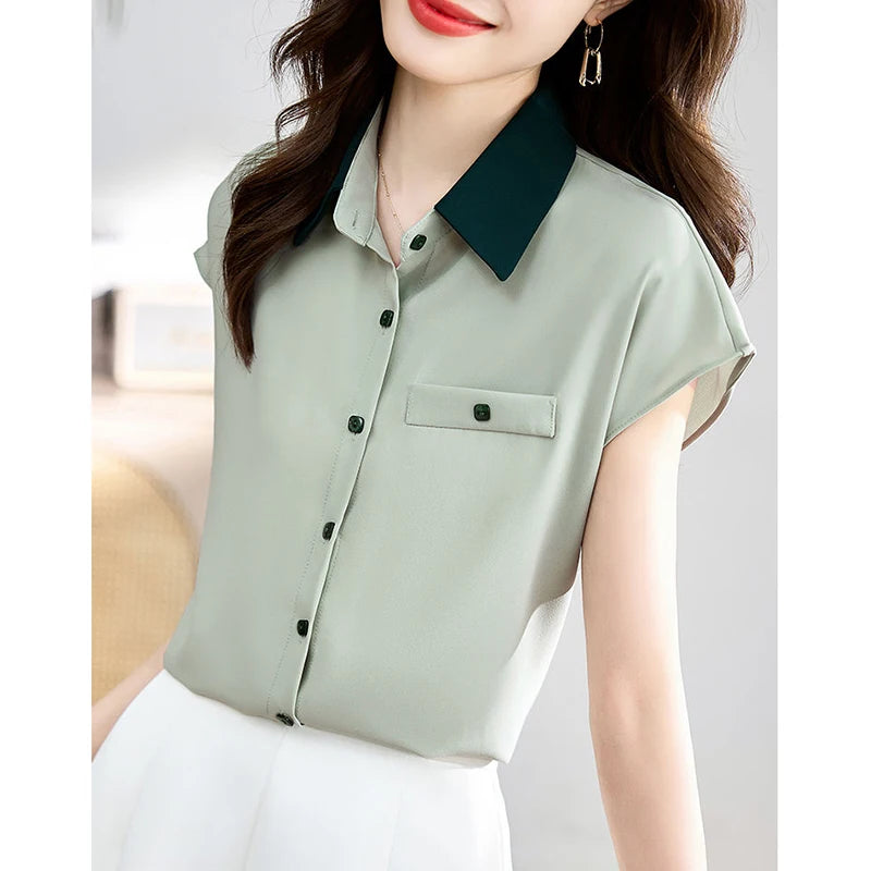 Elegant Lapel Button Spliced All-match Shirt Women's Clothing 2025 Summer New Loose Casual Tops Short Sleeve Office Lady Blouse