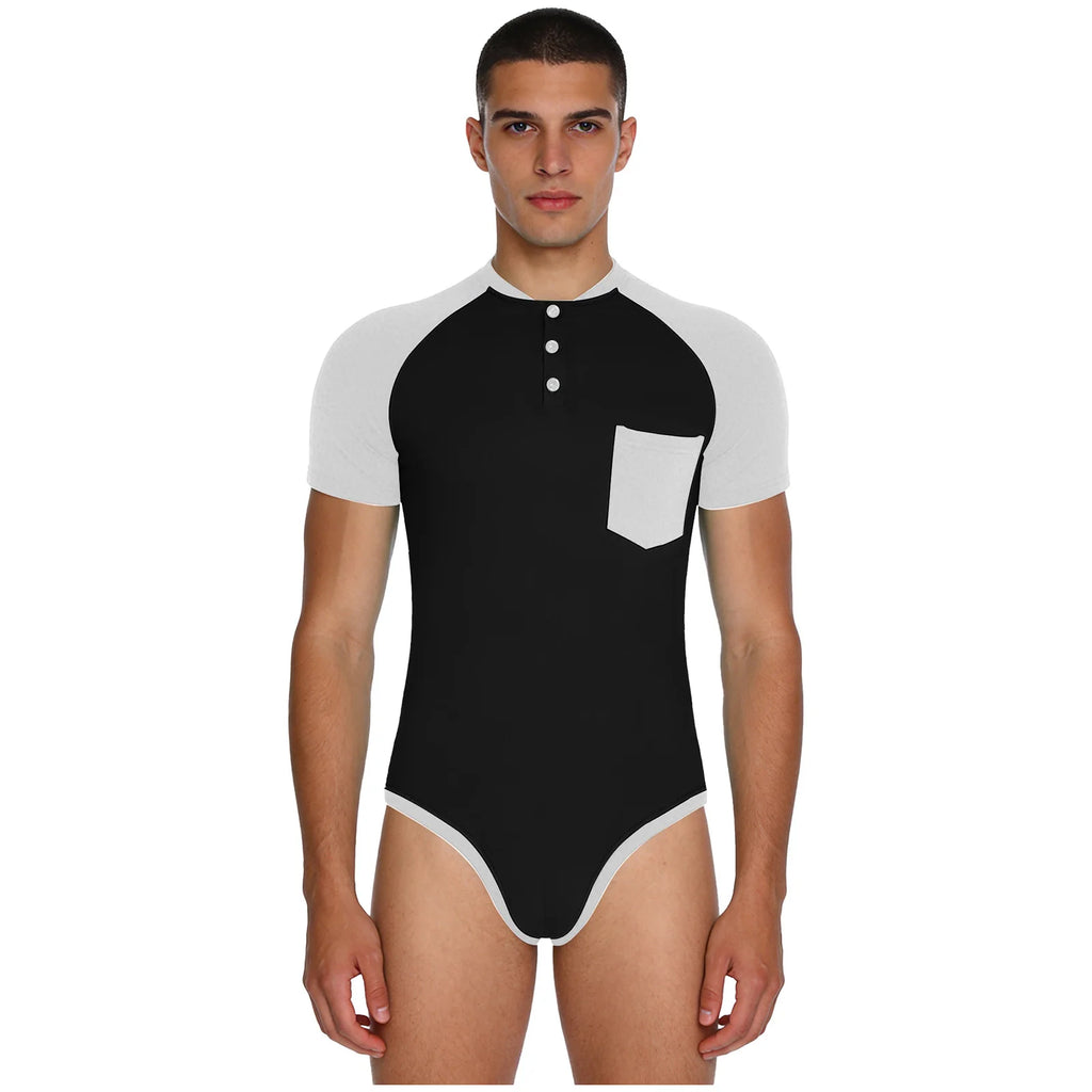 Men Workout Fitness Gym Sport Bodysuit Short Sleeve Openable Crotch Patchwork Jumpsuit for Workout Gym Sports Swimming Outfits