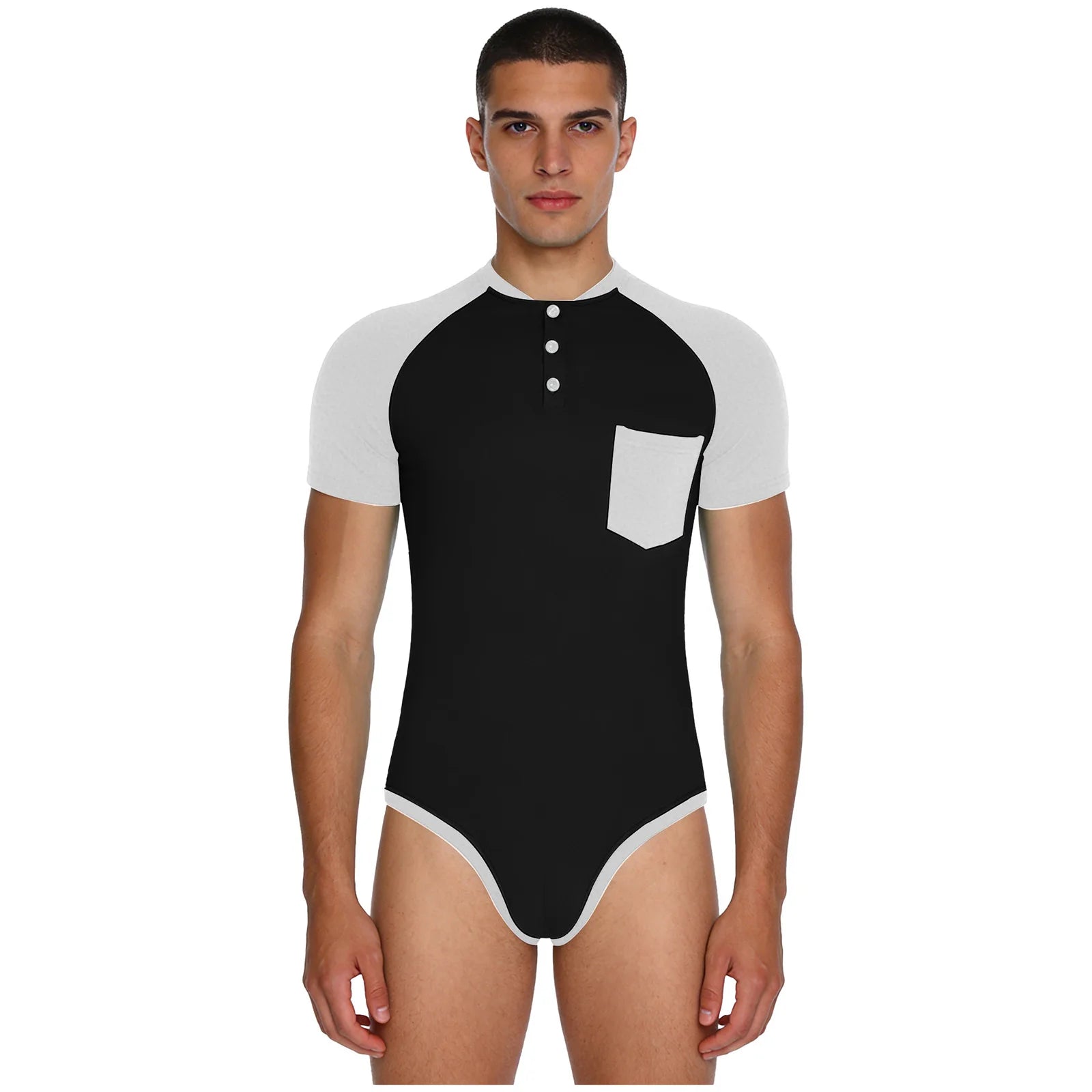 Men Workout Fitness Gym Sport Bodysuit Short Sleeve Openable Crotch Patchwork Jumpsuit for Workout Gym Sports Swimming Outfits