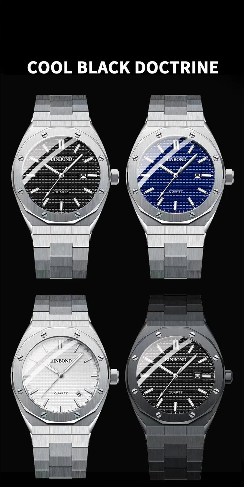 BINBOND 0233 Luxury Fashion Men's Quartz Watch Stainless Steel Large Dial Waterproof Night Light Men's Watch Clock