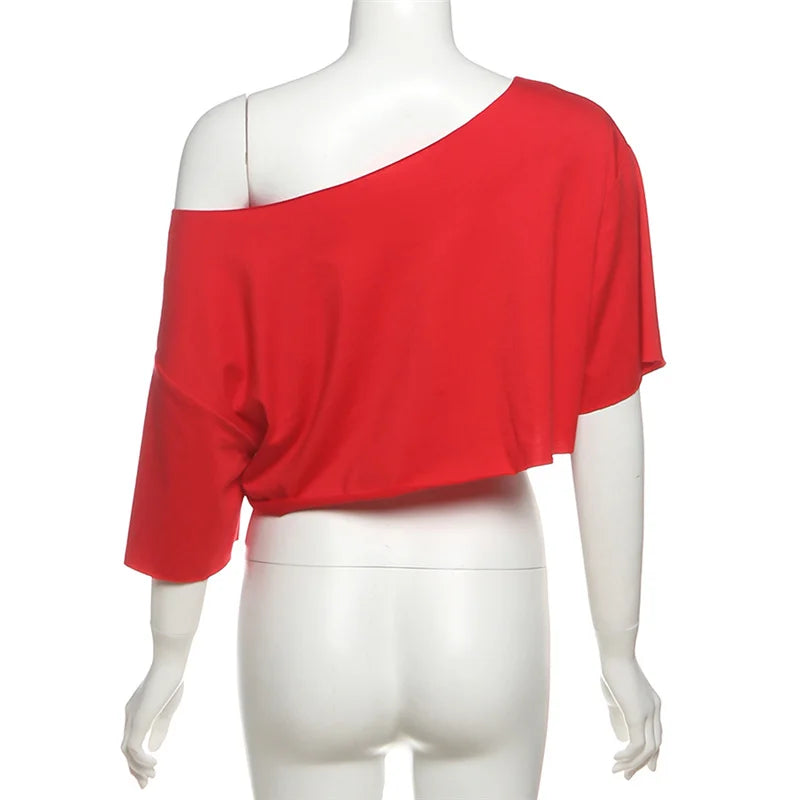 SylCue Letter Print Oversized T-shirt Women Skew Collar Short Sleeves Off Shoulders Irregular Hem Hip-hop Style Trend Crop Tops