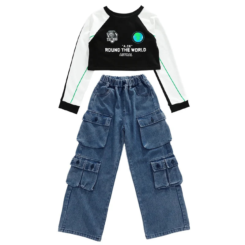 junior girls Hip hop Street Dance Jazz Clothes Set Vest Short hoodie Cagro Pants (short) Streetwear junior Child Kid outfits 170