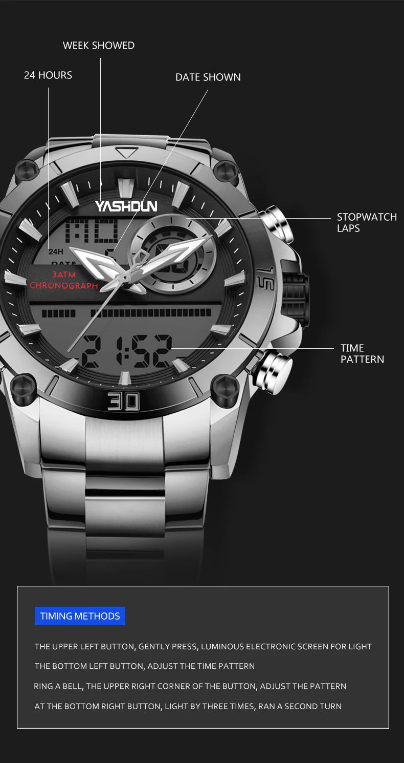 Multi-functional sports men's watch with dual movement electronic steel band luminous waterproof quartz wristwatch