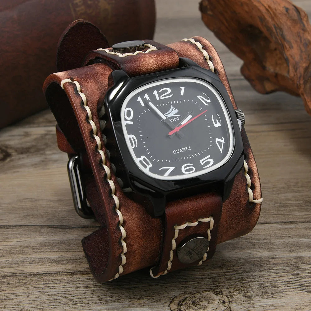 Men's Vintage Wide Cowhide Leather Hand-Stitched Quartz Watch - Retro Wrist Accessory