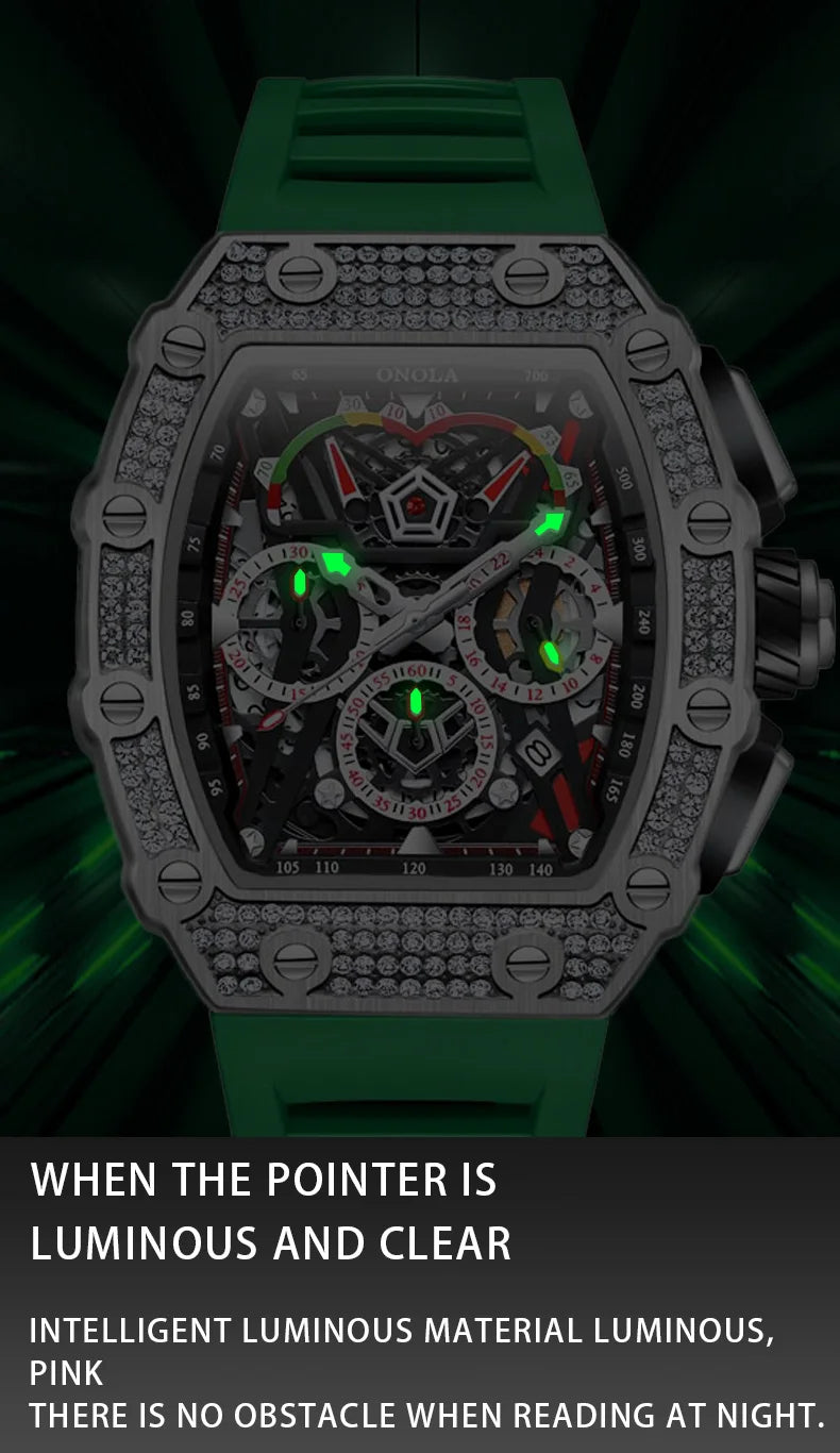 2022 New Men's Automatic Mechanical Watch ONOLA Fashion Unique Luxury Diamond Inlaid Design Waterproof Silicon Tape Watches Men