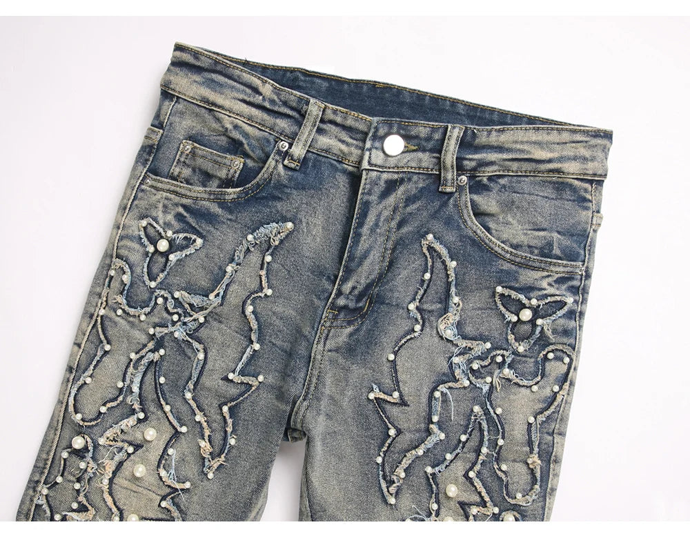Men's Pearl Boot Cut Denim Jeans Embroidery Patch Slim Flared Pants Casual Streetwear Vintage Blue Trousers