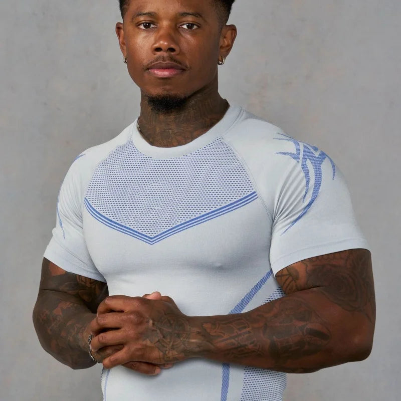 Men's Gothic Style High Elastic Quick Dry Seamless Slim Fit Training T-Shirt Short Sleeve Fitness Clothing for Sports