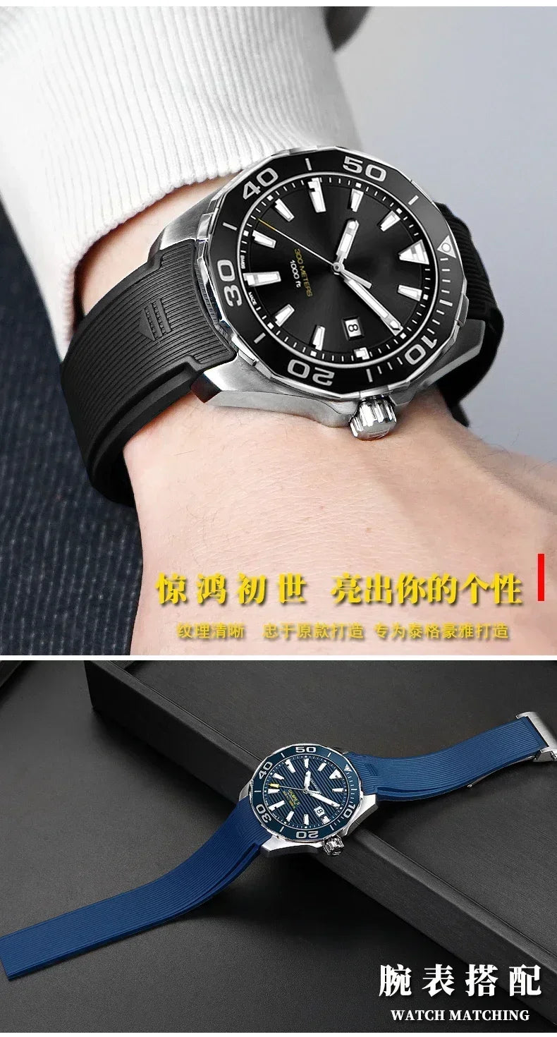 Silicone Watch Straps For Tag Heuer CARRERA AQUARACER 300 WAY201A WAY211C Rubber Black Blue Watch Accessories Band 22mm