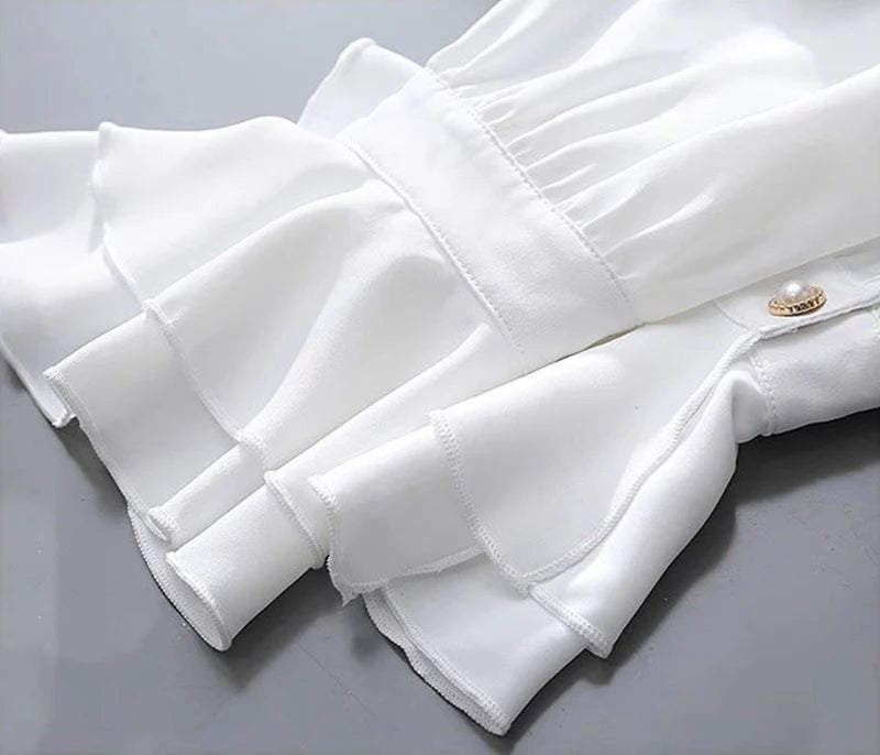 MEXZT Vintage White Shirts Women Elegant Ruffles Flare Long Sleeve Blouses Office Ladies Korean Single Breasted Design Chic Tops