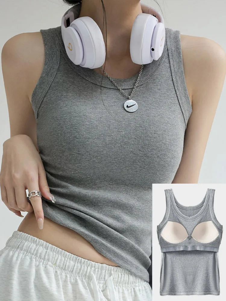 Women Thread Tank Tops With Built In Bra Padding Summer 2025 Trend Solid Outerwear Camisole Stretch Sleeveless White Tops Women