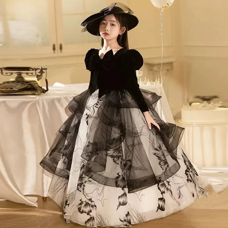 Girls' Spring Dress 3-14y Sweet Girls Floral Puff Long Sleeve PrincessCostumes Vestidos Dresses Kid's Clothes Children's Mes