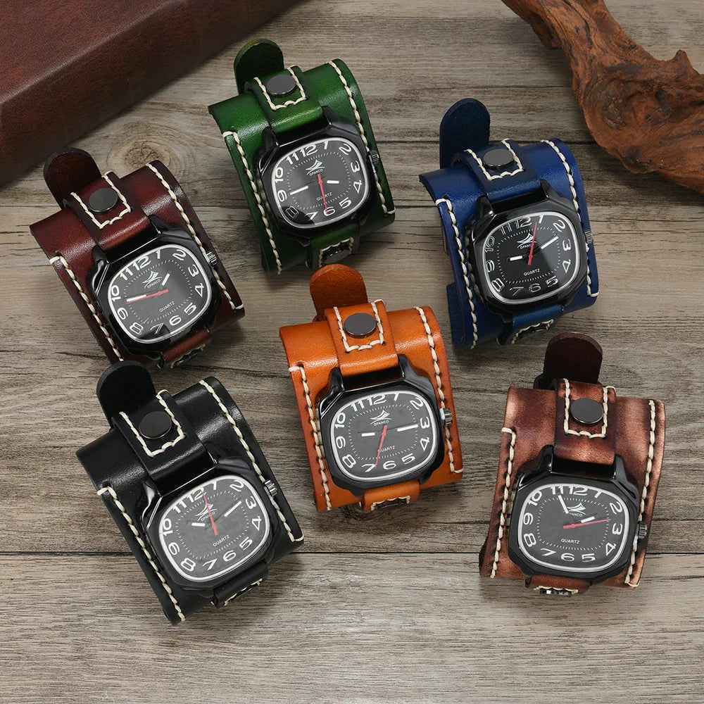 Men's Vintage Wide Cowhide Leather Hand-Stitched Quartz Watch - Retro Wrist Accessory