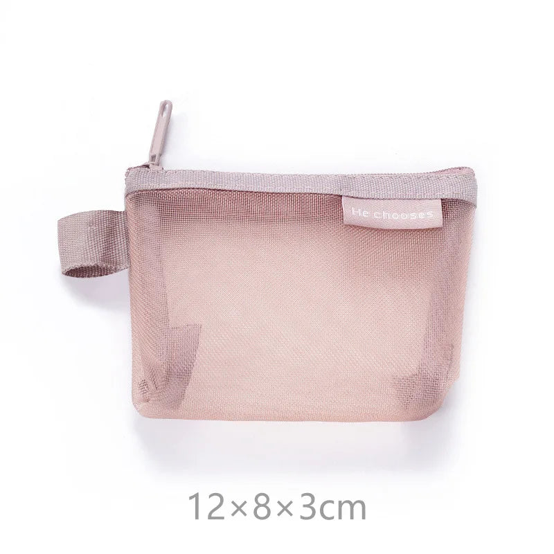 Mini Clear Nylon Mesh zipper Cosmetic Bags Cute Women Small Lipstick Makeup Bags Pouch Data Line Key Earphone Organizer Case