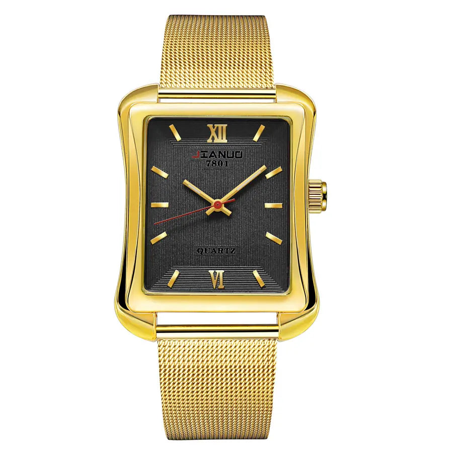 2024 New Trendy Men's Square Watch Business Luxury Large Dial Gold Mesh Band Scale Fashion Men's Quartz Watch