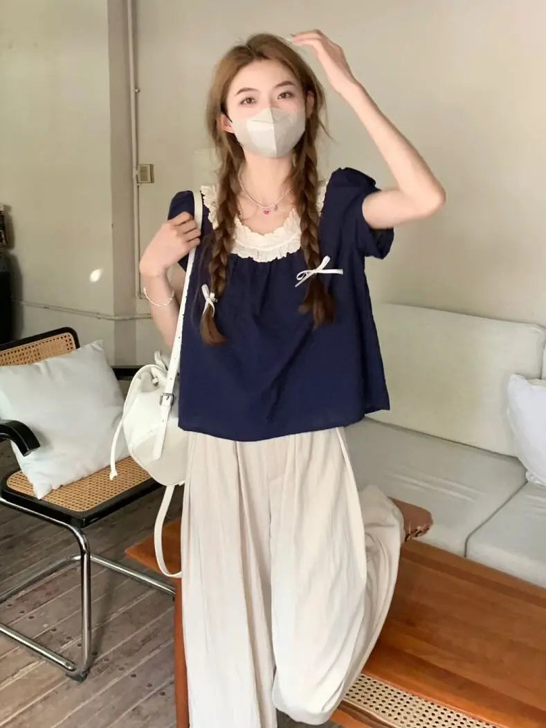 Women Summer 2025 New Short-sleeved Shirt Top High Waist Loose Wide-leg Pants Two-piece Set