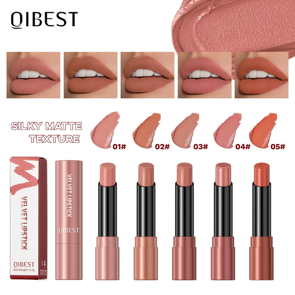 QIBEST Nude Lipstick Matte Lip Gloss High Pigment Makeup Classic Sexy Lipgloss Non-Stick Cup Long Lasting Red Lip Tint Cosmetics
