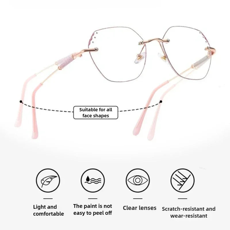 Shining Rimless Photochromic Myopia Glasses for Women Oversize Blue Light Blocking Computer GLasses UV Protection Sunglasses