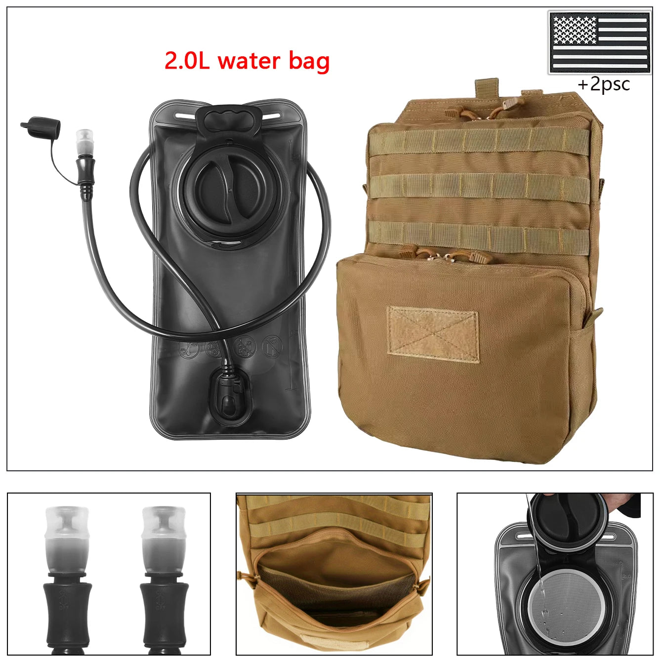 Outdoor sports drinking equipment: 2L large-capacity water bag + molle backpack, suitable for hiking, camping, and cycling