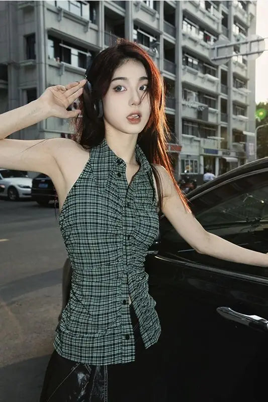 MEXZT Y2K Plaid Tanks Tops Women Vintage Sexy Halter Camis Summer Gyaru Harajuku Aesthetic Sleeveless Casual Design Clothes New
