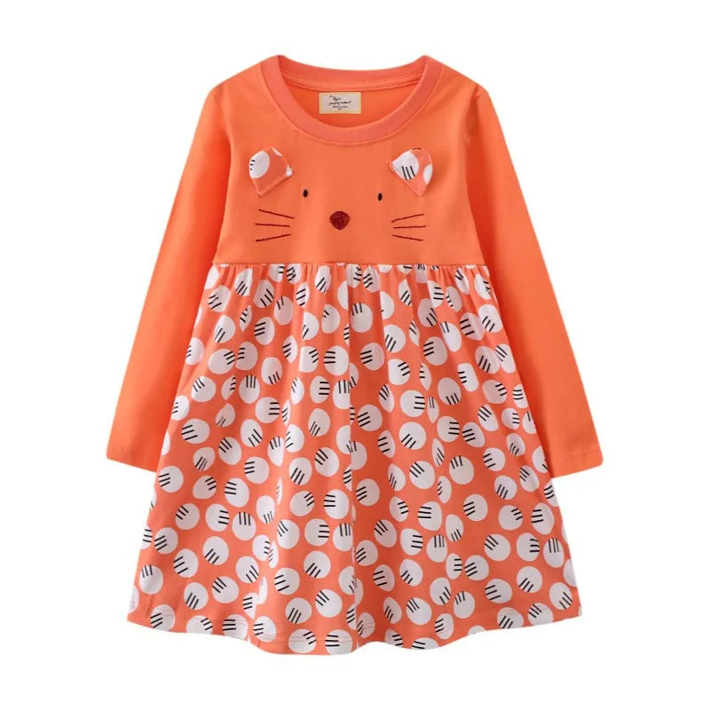 Jumping Meters 2-7T Princess Girls Dresses Buttons Hot Selling Long Sleeve Animals Baby Girls Clothes Party Kids Frocks Costume