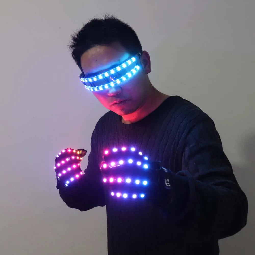 LED Glow Gloves Rave Flashing Finger Lighting Glasses Light Up Glasses Rave Costume Party Decor DJ SunGlasses Halloween Decorati