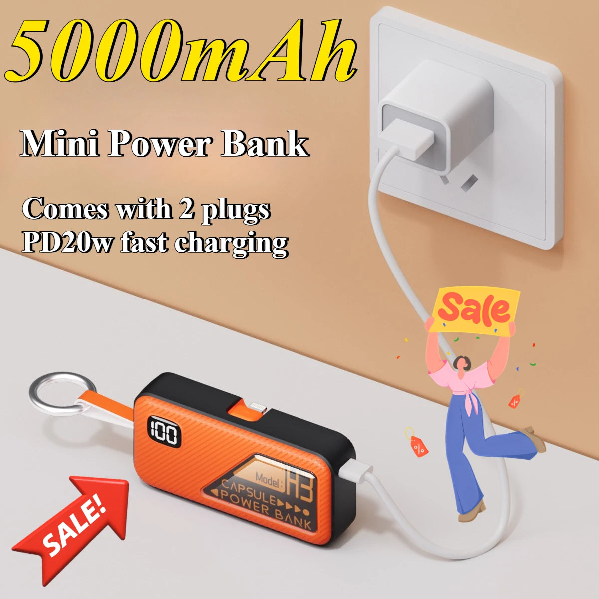 5000mAh Small Portable Keychain Mobile Power Capsule Power Bank Fast Charging Cable Suitable for IPhone Huawei Xiaomi