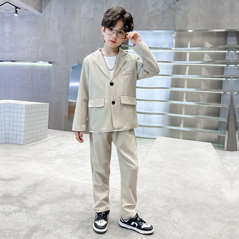 junior Boys Suits Autumn Long Sleeve Casual Blazer Jacket Trouser 2pcs School Uniform Teen Kids Clothes pants Set Child Cosutme