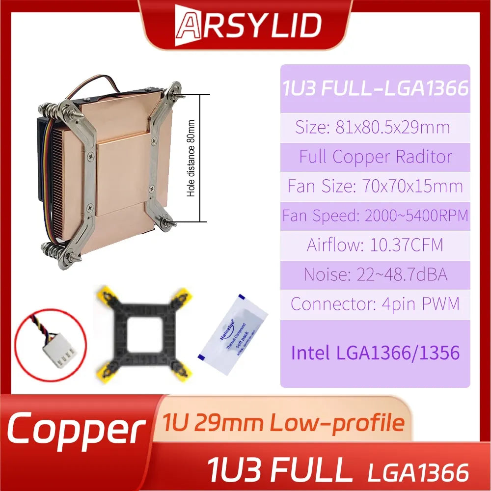Full Pure Copper 1U Server Radiator 29mm Height Double Ball Turbo Cooling Fan LGA1700 2011 1200 115x AM4 AM5