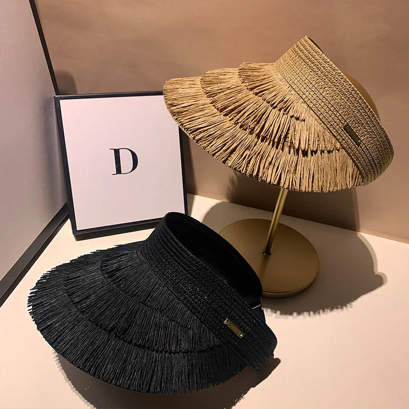Designer Brand Sunscreen Tassel Straw Hats for Women Summer Empty Top Sun Hat Outdoor Pamama UV Protection Beach Sunshade Cap
