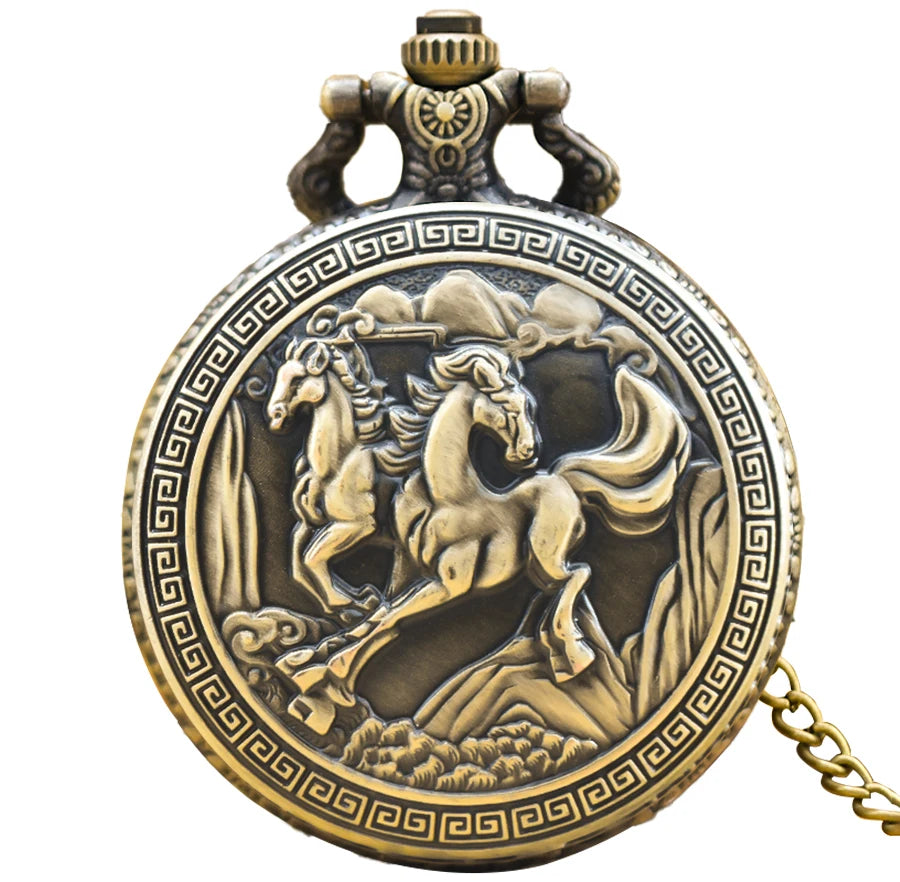 Steampunk Vintage Bronze Animal Horse Quartz Pocket Watch Necklace Pendant Clock Chain Men Women Chain Gift