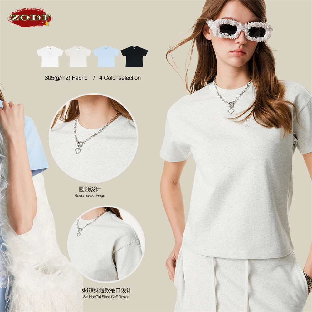 ZODF Women 2025 Spring 305gsm Cotton T-Shirts American Retro Hotsweet Girl Solid Comfortable T Shirt Brand Tees HY0968