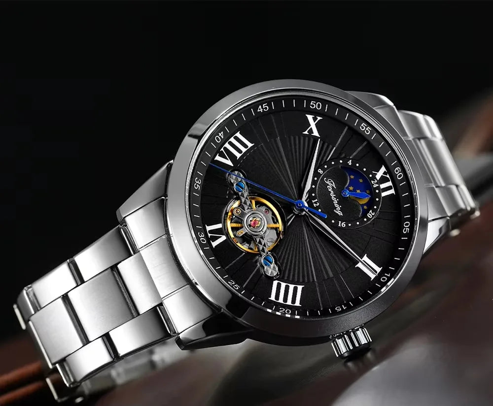 Forsining Men's Automatic Tourbillon Moon Phase Mechanical Watch Stainless Steel 3ATM Waterproof Luxury Design Business Style