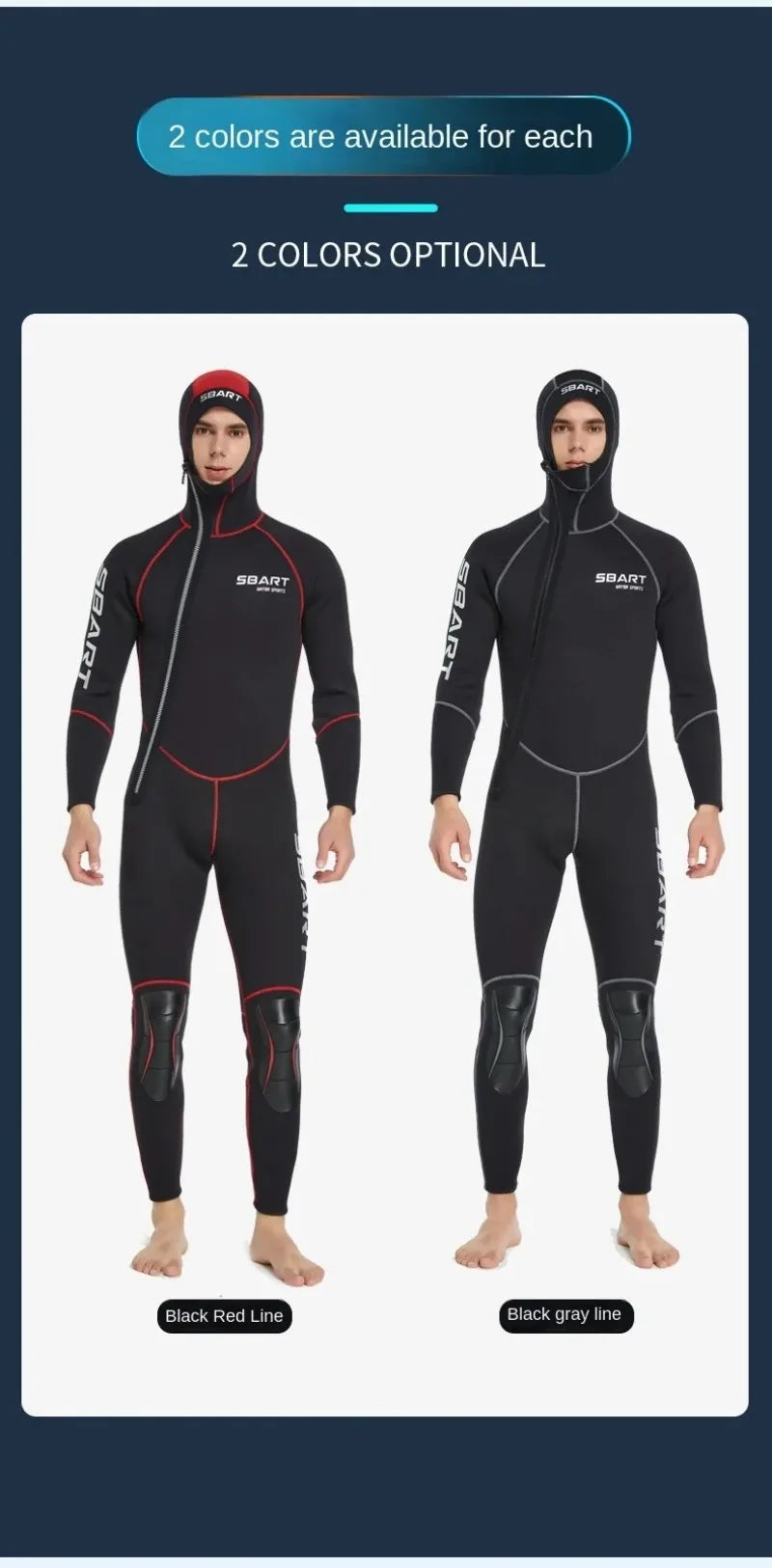 SBART 3mm One-piece Neoprene Wetsuit Men Hooded Warm Long Sleeve Diving Suit Cold Proof Sunscreen Surfing Swimming Snorkeling