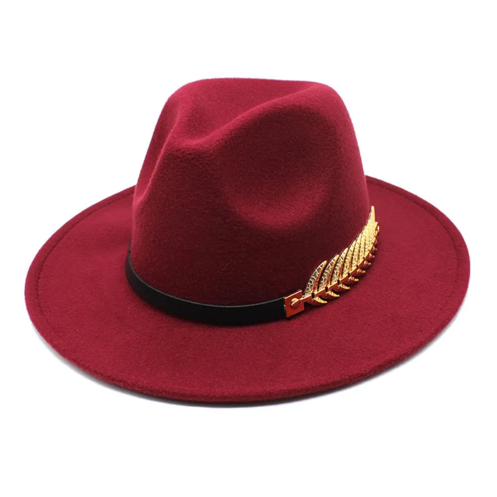 Large Brimmed Woolen Hats Formal Occasion Leaf Decoration Fedora Hat Performance Cap Casual British Vintage Hats Men Women
