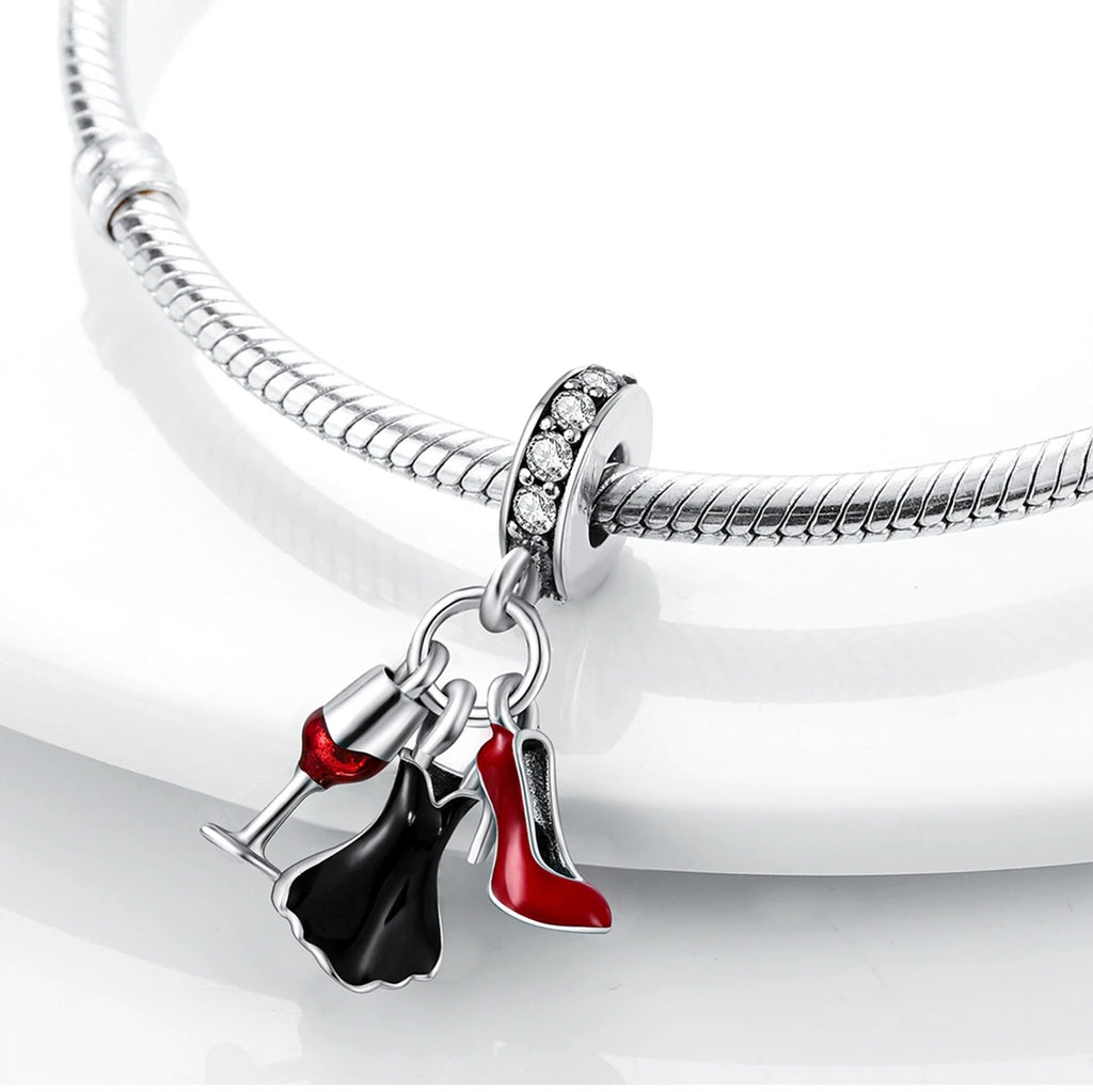 925 Silver Lipstick High Heels Charms For Lady Pendant Fit Original Bracelet DIY Ornament