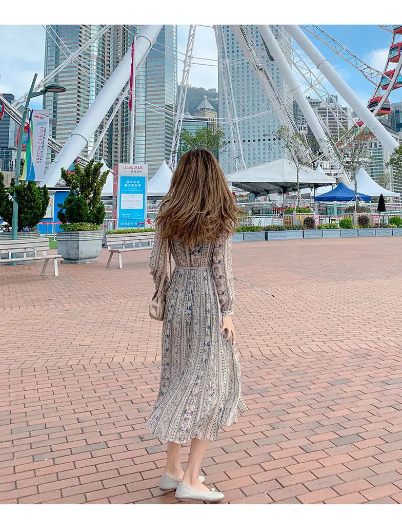 Retro Dress Spring Summer Long Sleeve Floral Chiffon High Waist Court Over Knee Popular Inside Women's Dress 2022Vestidos Office