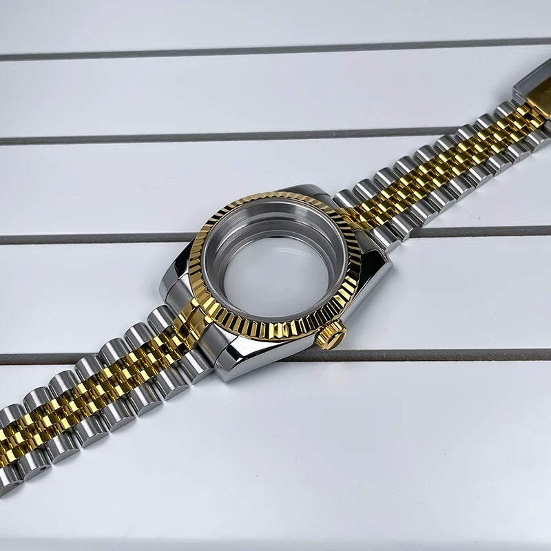 39mm NH35 Case Fluted Bezel DJ2T Yellow Gold Sapphire Glass Skx Mod Modification Parts Fit NH35 NH36 Movement Steel Watch Case