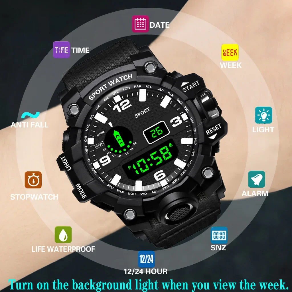 YIKAZE Men's Watch LED Digital Men Sport Watches Fitness Electronic Watch Multifunction Military Sports Watches Clock Kids Gifts