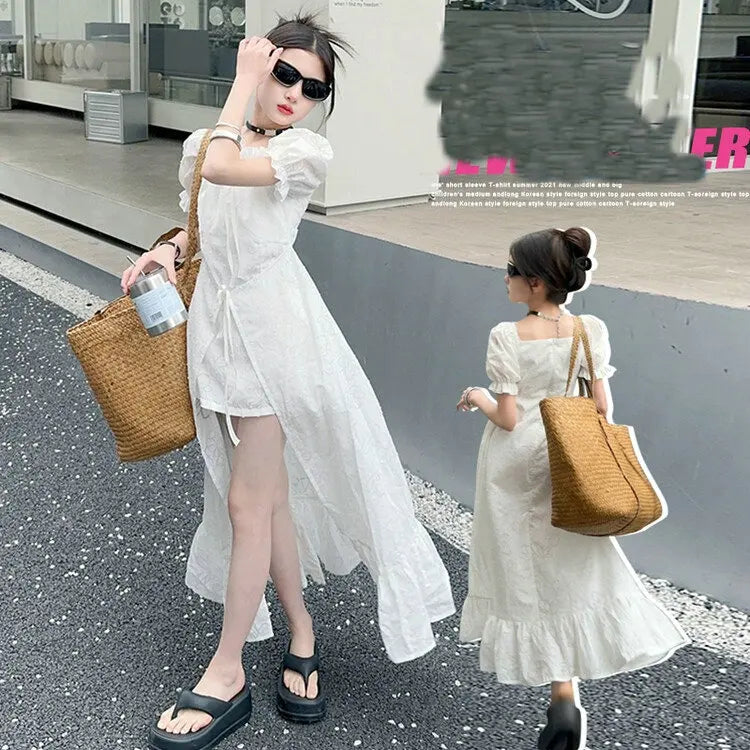 junior girls 2024 French Square Neck White Short Sleeve Dress Puff Sleeve Ruffle Long Skirt Premium teen kids princess Dresses