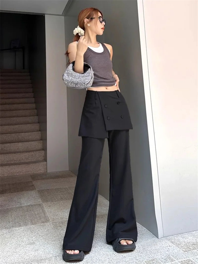 Korean Women's Apron Pants Short Skirt Patchwork Fashion High Street Fake Two Pants Solid Color High Waist Flared Pants 937P