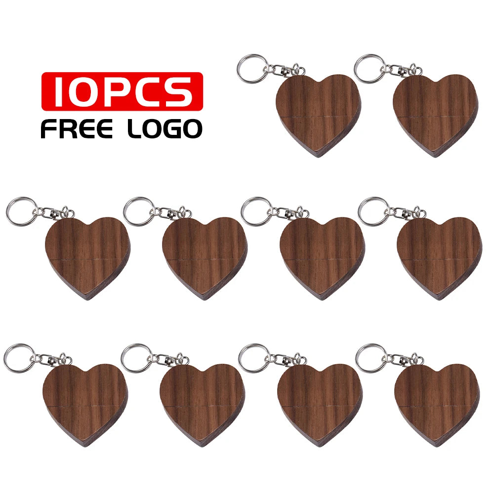 JASTER 10PCS/LOT Wooden Heart USB 2.0 Flash Drives 128GB  Free custom logo key chain Pen drive 64GB 32GB Business gift USB stick