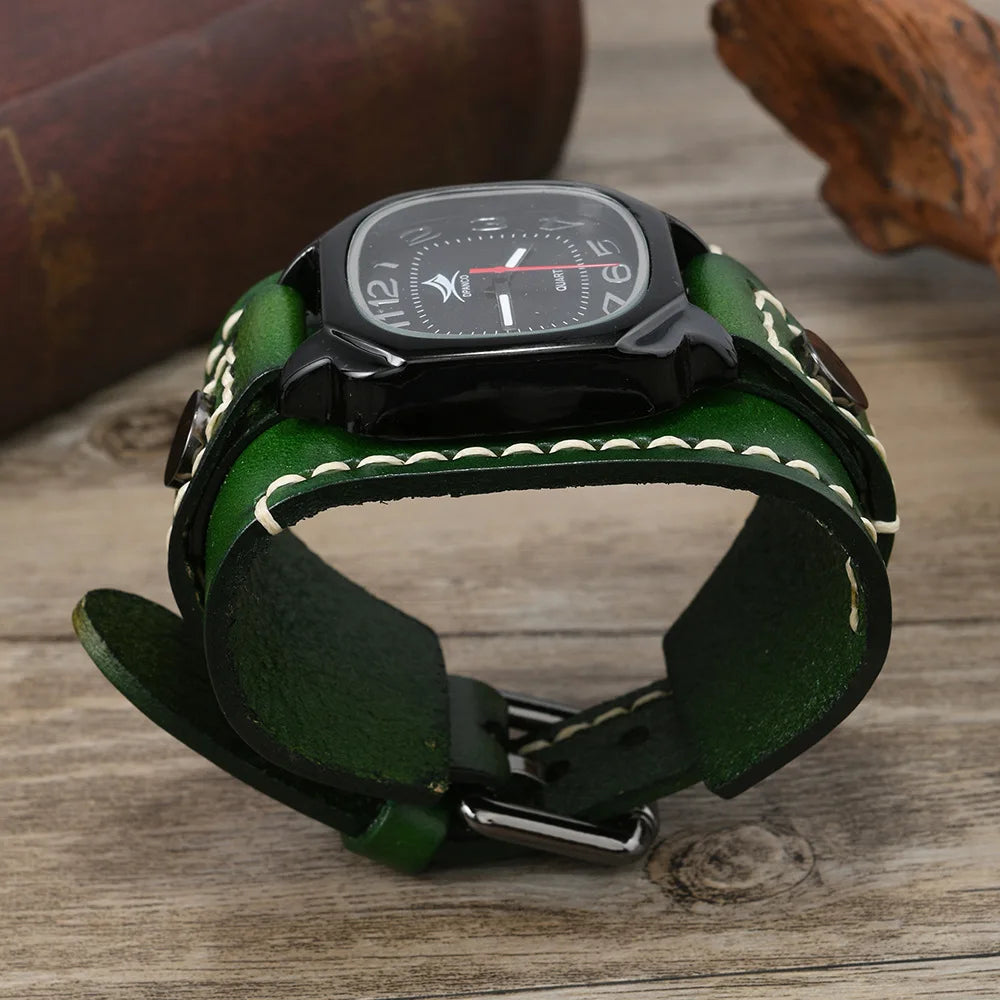 Men's Vintage Wide Cowhide Leather Hand-Stitched Quartz Watch - Retro Wrist Accessory