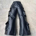 Mauroicardi Spring Cool Long Baggy Black Pu Leather Wide Leg Cargo Pants Men with Many Pockets Mens Designer Clothes Streetwear