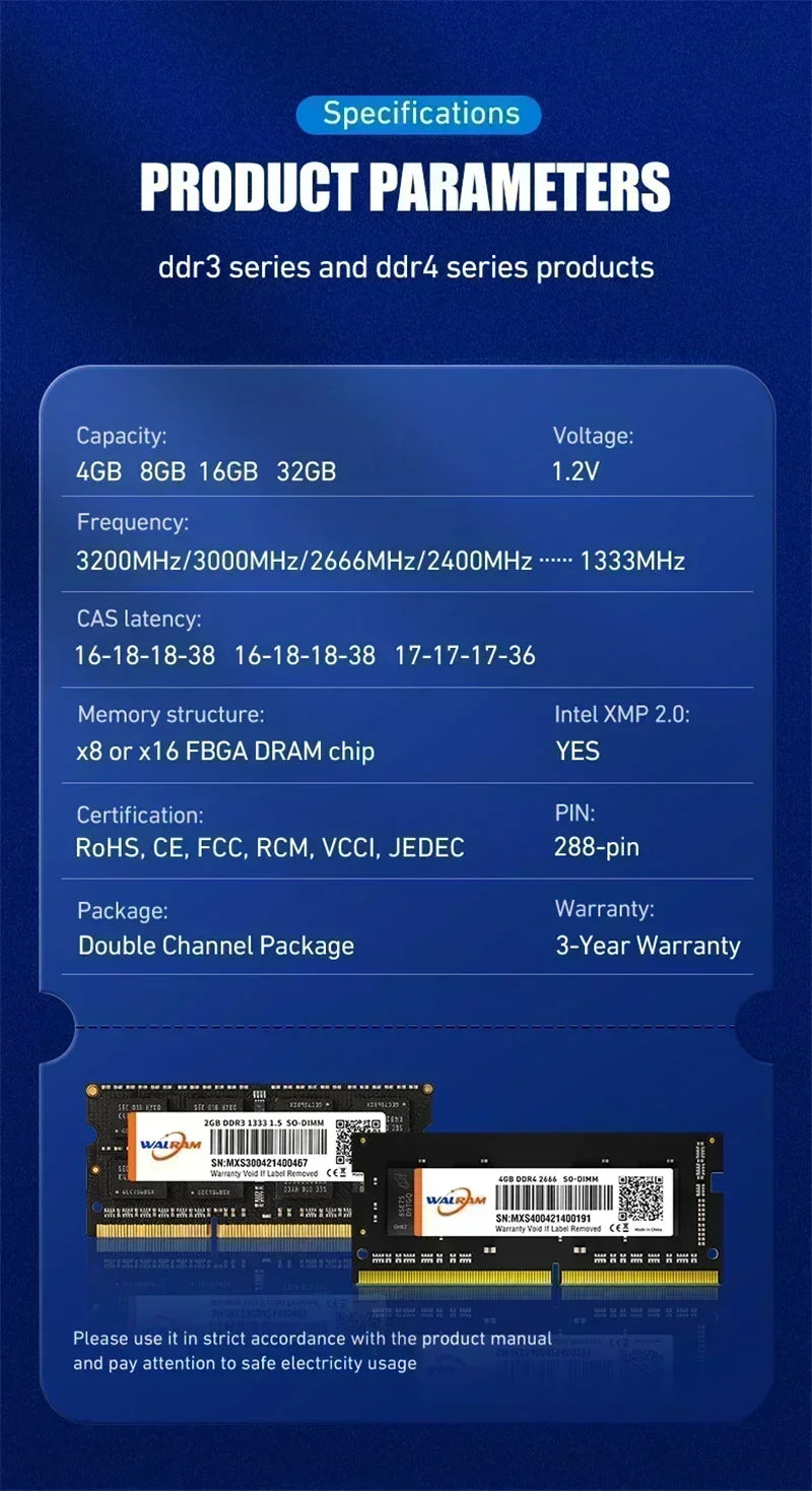 WALRAM Memoria Ram DDR3 DDR3L 8GB 4GB Ram DDR4 16GB 3200MHz 2666MHz 2400MHz 1600MHz Sodimm Internal Memory For Laptop Notebook