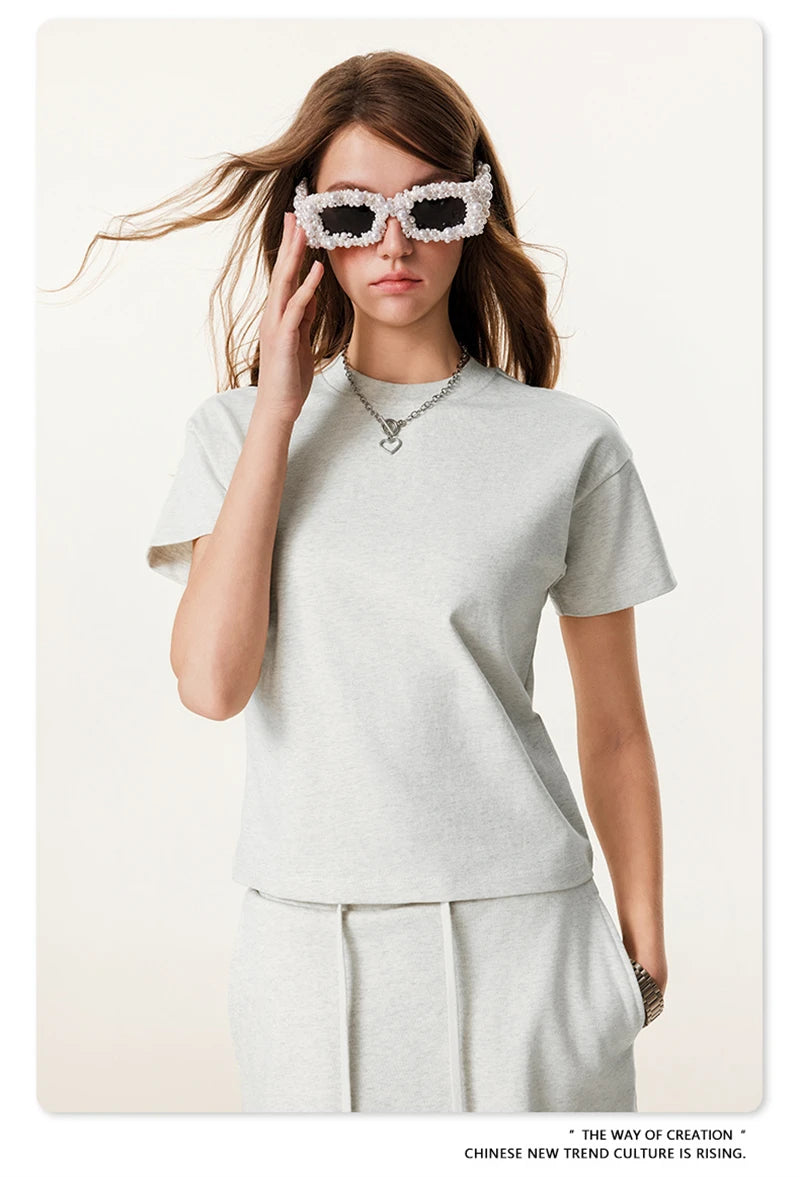ZODF Women 2025 Spring 305gsm Cotton T-Shirts American Retro Hotsweet Girl Solid Comfortable T Shirt Brand Tees HY0968