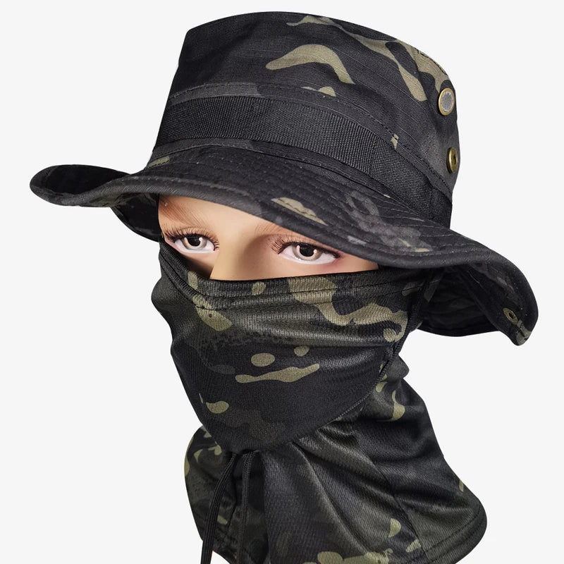 Camouflage Boonie Cap Balaclava Hat Suit Foldable Soft Hat Outdoor Hunting Fishing Wide Brimmed Hat Sunscreen Caps