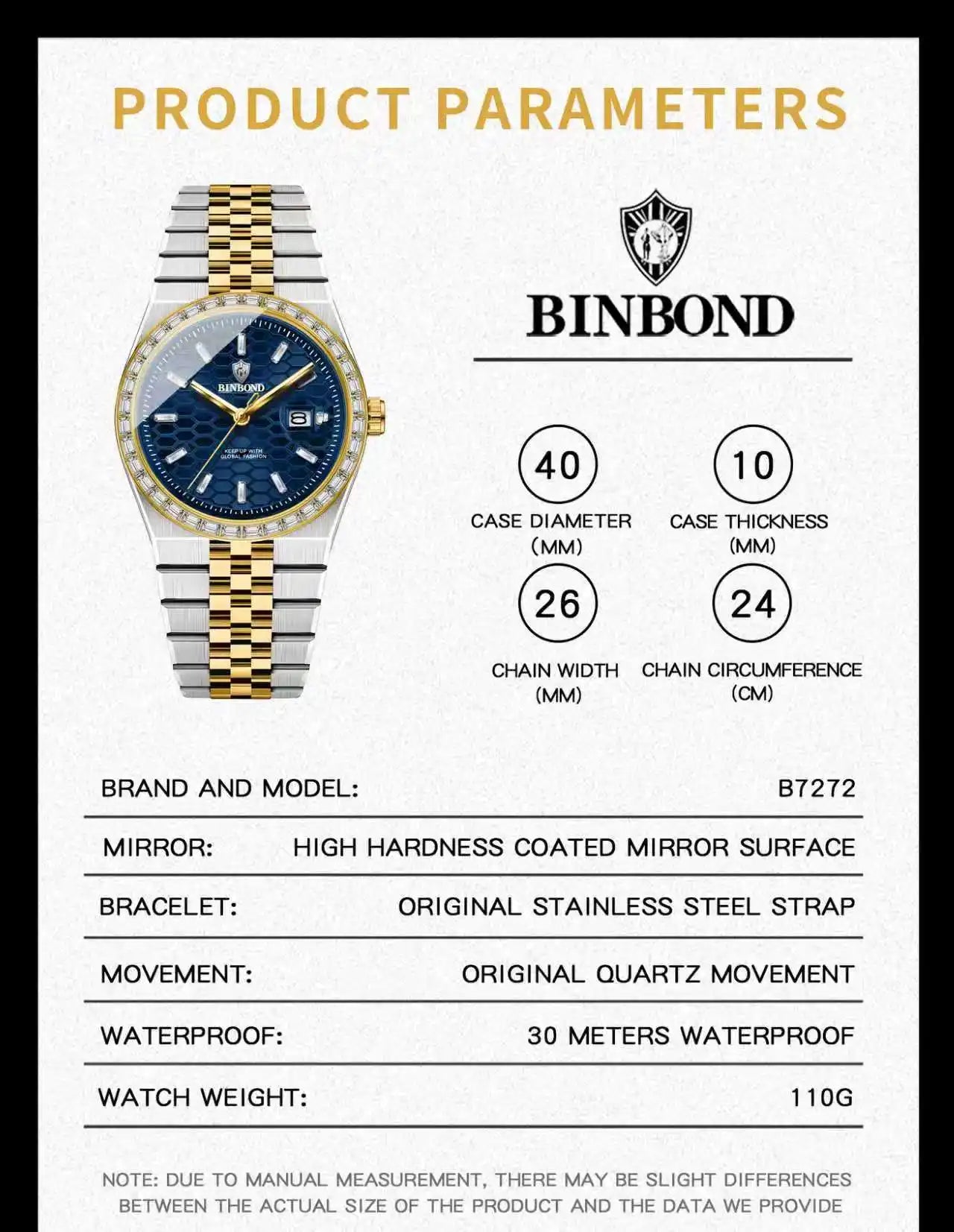 BINBOND New Men's Quartz Watch Classic Style Waterproof Luminous Date Display Stainless Steel Wristwatch For Male Relojes Hombre
