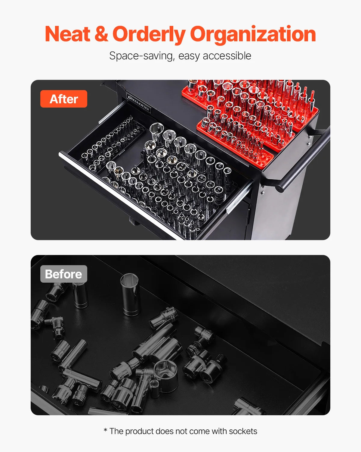 VEVOR 8PCS Socket Organizer Tray Set 1/4'' 3/8'' & 1/2'' Metric SAE Socket Holder up to 176PCS Standard & Deep Sockets for Tools